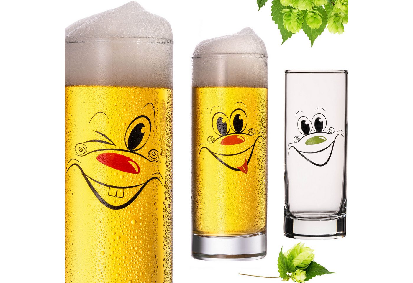 PLATINUX Bierglas Hohe Biergläser mit drei lustigen Gesichtern 300ml, Glas, (max 335ml) Set 3 Teilig Kölschglas Bierstangen Karneval von PLATINUX