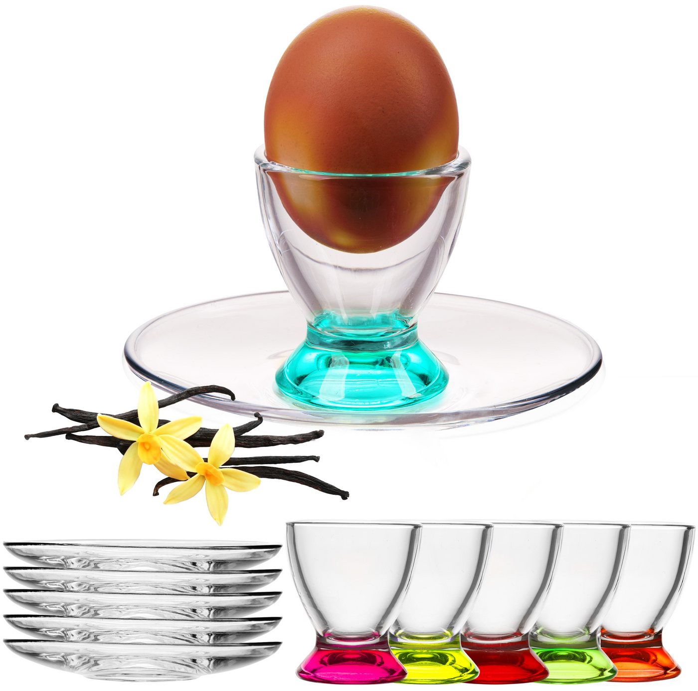PLATINUX Eierbecher Bunte Eierbecher mit Untersetzer, (6 Stück), Set Eierständer Frühstück Egg-Cup Eierhalter Brunch von PLATINUX
