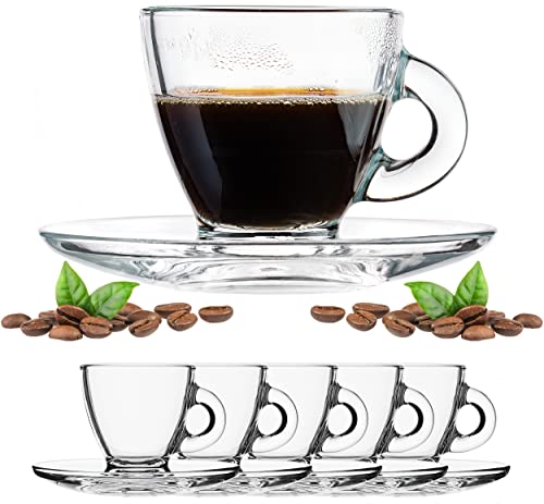 PLATINUX Espressogläser mit Griff und ovalen Untertassen Kaffeegläser 6 Sets Espressotassen Kaffeetasse Frühstücksgläser von PLATINUX