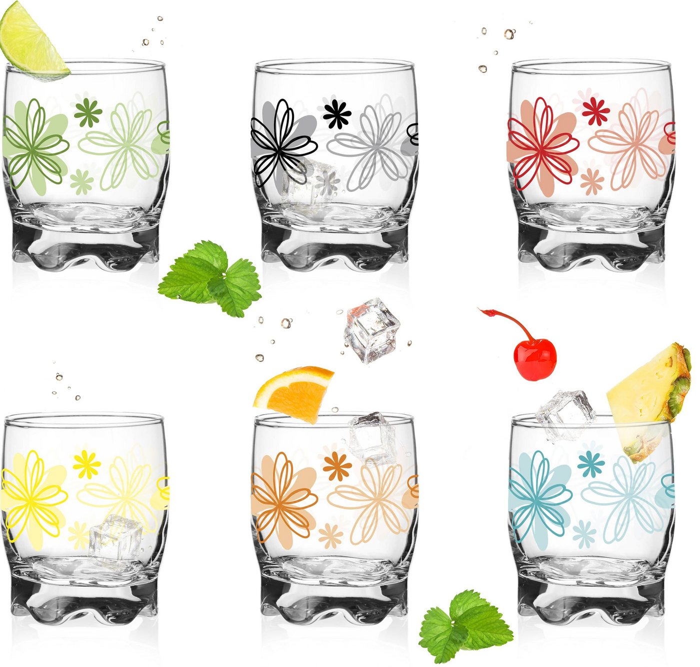 PLATINUX Glas Trinkgläser mit Blumen Dekor mit geformten Boden, Glas, Set 6 Teilig 250ml Wassergläser Saftgläser von PLATINUX