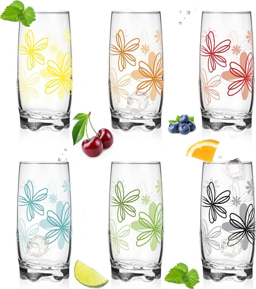 PLATINUX Glas Trinkgläser mit Blumen Dekor und geformten Boden, Glas, 350ml Wassergläser Saftgläser Frühstücksglas von PLATINUX
