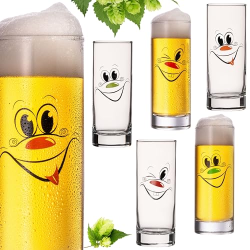 PLATINUX Hohe Biergläser mit lustigen Gesichtern Glas 300ml (max 335ml) Set 6 Teilig Kölschglas Bierstangen Karneval von PLATINUX