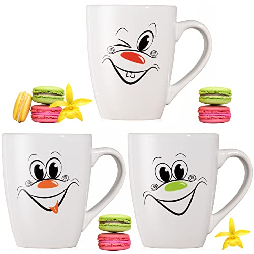PLATINUX Kaffeebecher Teebecher mit Griff Set 3 Stück Keramik 275ml (max. 325ml) mit lustigen Gesichtern Karnevalsgläser von PLATINUX