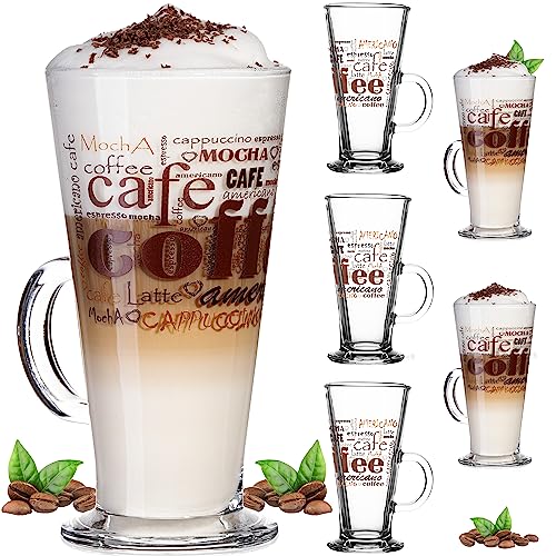 PLATINUX Kaffeegläser mit Motiv max. 280ml Set 6-Teilig aus Glas Latte Macchiato Gläser mit Griff Cappuccino Gläser von PLATINUX