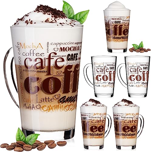 PLATINUX Kaffeegläser mit Motiv max. 350ml Set 6-Teilig aus Glas Latte Macchiato Gläser mit Griff Cappuccino Gläser von PLATINUX