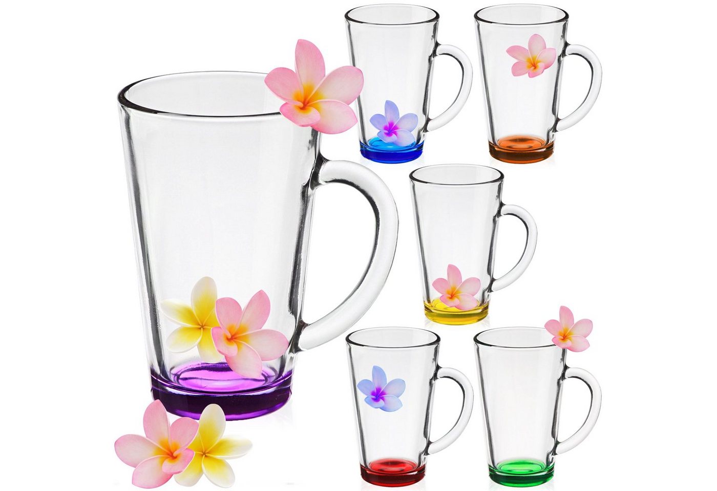 PLATINUX Latte-Macchiato-Glas Bunte Kaffeegläser, Glas, mit Griff 360ml Set 6 Teilig Mehrfarbig Teegläser Trinkglas von PLATINUX