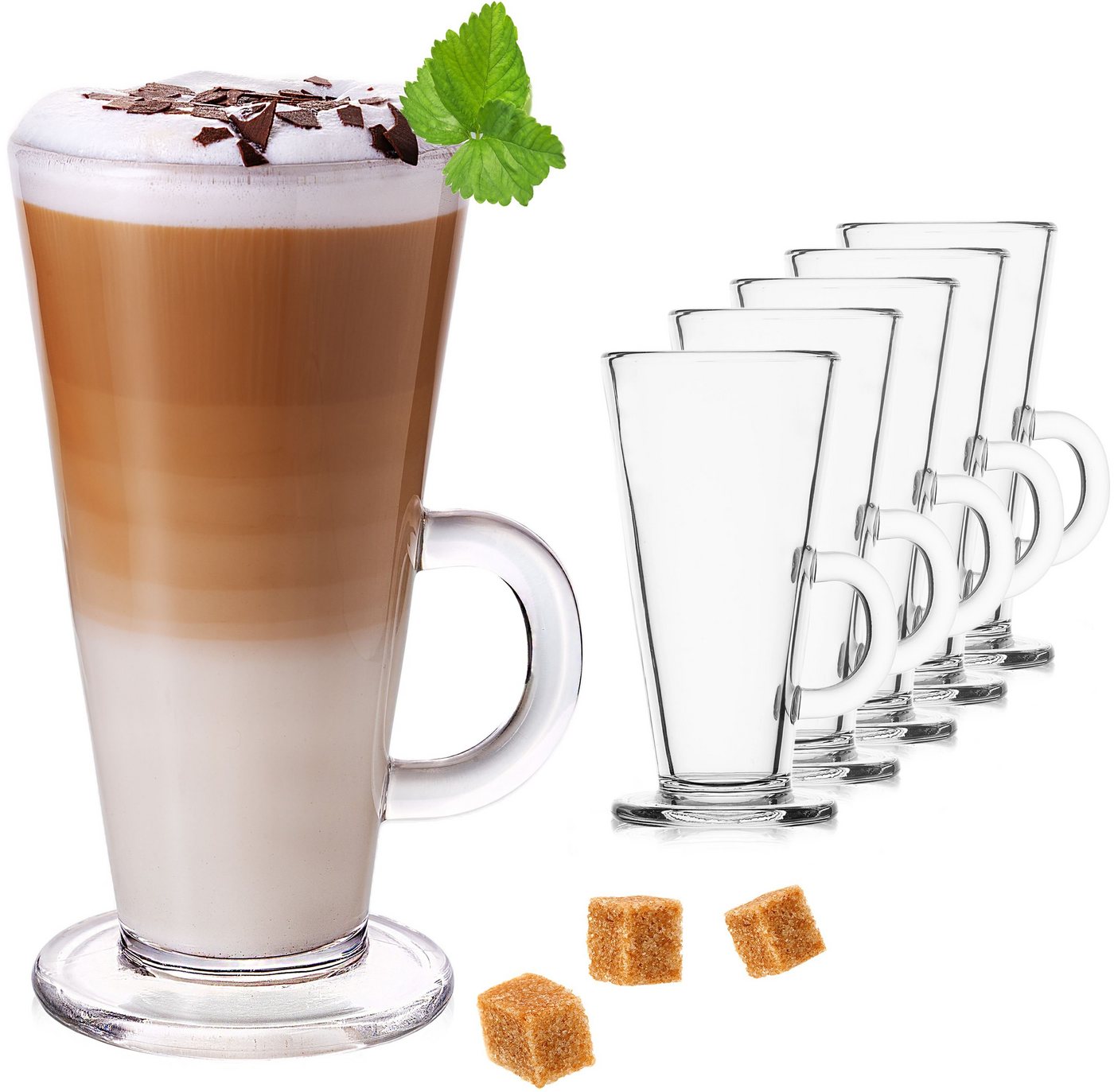 PLATINUX Latte-Macchiato-Glas Kaffeegläser mit Henkel, Glas, 270ml Set 6Teilig Teegläser Eiskaffeeglas Latte Macchiato Caffe Latte von PLATINUX
