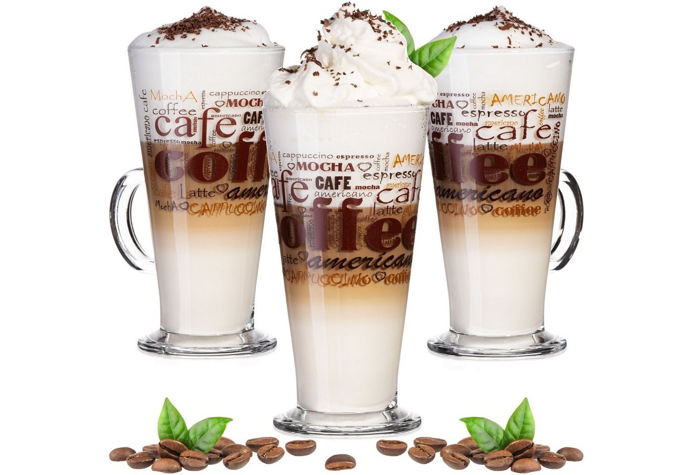 PLATINUX Latte-Macchiato-Glas Kaffeegläser mit Kaffee-Motiv, Glas, mit Griff Set 3-Teilig 200ml (max. 280ml) Glas Latte Macchiato Gläser von PLATINUX