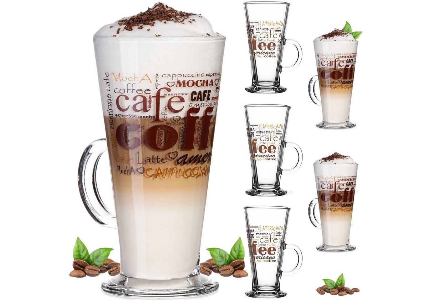 PLATINUX Latte-Macchiato-Glas Kaffeegläser mit Kaffee-Motiv, Glas, mit Griff Set 6-Teilig 200ml (max. 280ml) Glas Latte Macchiato Gläser von PLATINUX