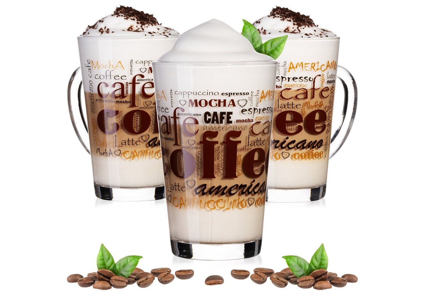 PLATINUX Latte-Macchiato-Glas Kaffeegläser mit Kaffee-Motiv, Glas, mit Kaffeeaufdruck Set 3-Teilig 300ml aus Glas Latte Macchiato Gläser von PLATINUX