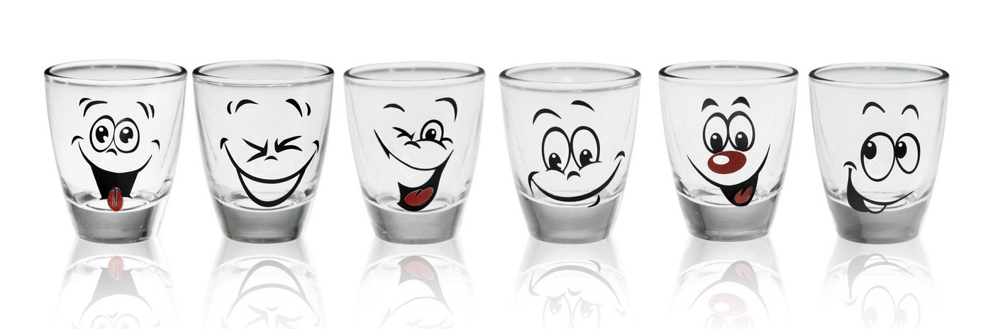 PLATINUX Schnapsglas Shotgläser mit lustigen Gesichtern, Glas, Set 6 Teilig 2,5cl Tequila Karnevalsgläser Schnapsgläser Pinnchen von PLATINUX