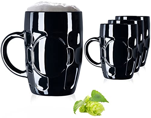 PLATINUX Schwarze Biergläser 500ml mit Henkel Bierkrug Glas Set 4Teilig Maßkrug Bier Beer mit Ornament Muster klassisch von PLATINUX