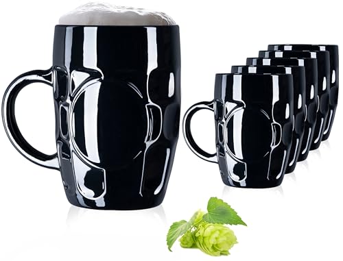 PLATINUX Schwarze Biergläser 500ml mit Henkel Bierkrug Set 6 Teilig Maßkrug Bier Beer mit Ornament Muster, klassisch von PLATINUX
