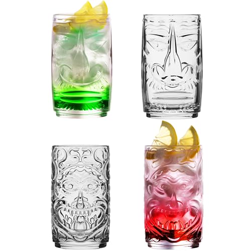 PLATINUX Tiki Gläser Set 4Teilig aus Glas 350ml (max 450ml) 2 Gesichter Cocktailgläser Longdrinkgläser Hawaiianisch von PLATINUX