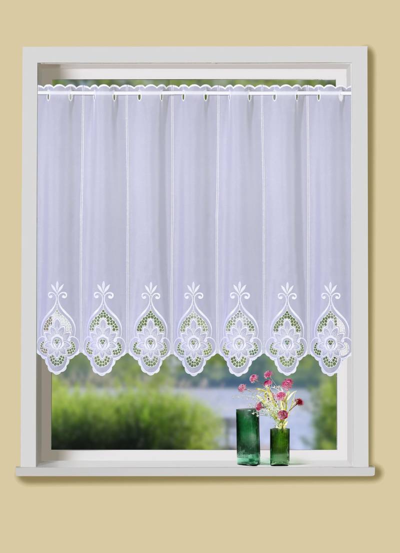 Kurzstore Blume mit Stangendurchzug, Größe 858 (H60xB128 cm), Weiss von PLAUENER STICKEREI