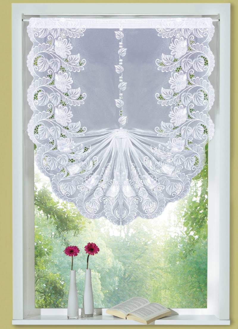 Schwalbenschwanz-Gardine mit echter Plauener Stickerei, Größe 160 (H160xB 90 cm), Weiss von PLAUENER STICKEREI