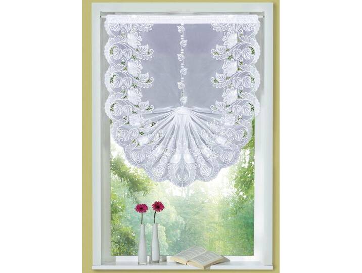 Schwalbenschwanz-Gardine mit echter Plauener Stickerei, Größe 122 (H100xB 90 cm), Weiss von PLAUENER-STICKEREI