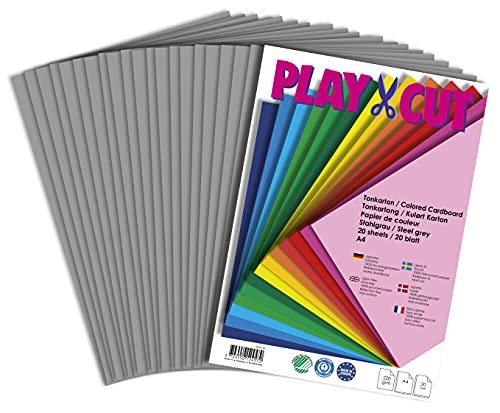 PLAY-CUT Tonkarton A4 Stahlgrau (220g/m2) | 20 Bogen Din A4 Bastelkarton Bunt | Dickes Bedruckbares Kartonpapier | Premium Druckerpapier Dicke Stärke | Karton zum Basteln von PLAY-CUT