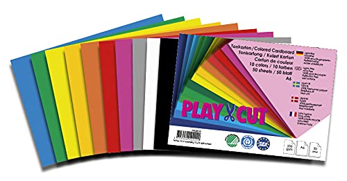 PLAY-CUT Tonkarton A6 (220g/m2) | 50 Bogen Din A6 Bastelkarton Bunt mit 10 Verschiedenen Farben | Dickes Bedruckbares Kartonpapier | Premium Druckerpapier Dicke Stärke | Karton zum Basteln von PLAY-CUT