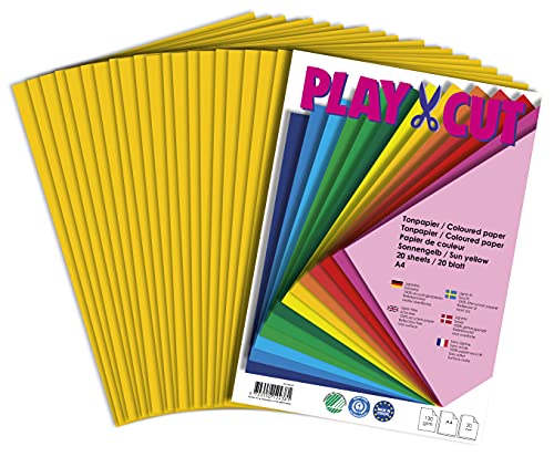 PLAY-CUT Tonpapier A4 Sonnengelb (130g/m2) | 20 Bogen Din A4 Papier zum Basteln Drucken | Dickes Bedruckbares Bastelpapier Set und Druckerpapier A4 | Premium Tonzeichenpapier & Craft Paper von PLAY-CUT