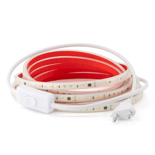 PLAYLUZ LED-Streifen 220v 2835 mit 120 LEDs/m HOHER HELLIGKEIT, selbstklebend und SCHALTER. WASSERDICHT. Kaltweiß/Neutralweiß/Warmweiß. Waterproof IP67 strip (Neutralweiß, 6M) von PLAYLUZ