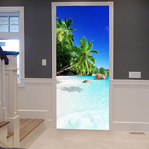 3D Türaufkleber Türtapete Selbstklebend Türposter Strandlandschaft Des Blauen Himmels Der Kokospalme 90 X 210 Cm - Fototapete Türfolie Wasserdichte Abnehmbare Pvc Türtapete Innentür Schlafzimmer Küch von PLEETS