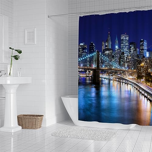 PLEETS Duschvorhänge Nachtansicht New York City Duschvorhang aus Polyester mit 12 Duschvorhangringe Badezimmer Wasserabweisend und Anti-Schimmel waschbare badvorhang 150x180cm von PLEETS