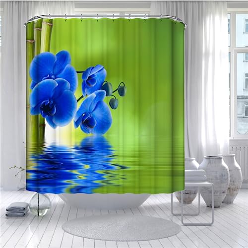 PLEETS Duschvorhang 180x200 cm Blaue Orchidee Duschvorhang Anti Schimmel Digitaldruck Polyester Wasserdichter Duschvorhänge mit 12 Haken, Waschbar Badvorhänge von PLEETS