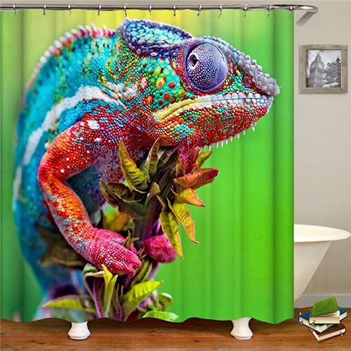 PLEETS Duschvorhang 180x200 cm Buntes Chamäleon Duschvorhang Anti Schimmel Digitaldruck Polyester Wasserdichter Duschvorhänge mit 12 Haken, Waschbar Badvorhänge von PLEETS