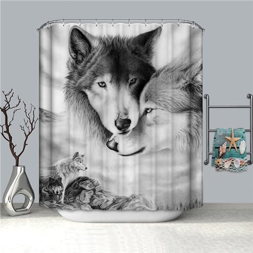 PLEETS Duschvorhang 180x200 cm Graue Wölfe & Wolfspaar Duschvorhang Anti Schimmel Digitaldruck Polyester Wasserdichter Duschvorhänge mit 12 Haken, Waschbar Badvorhänge von PLEETS