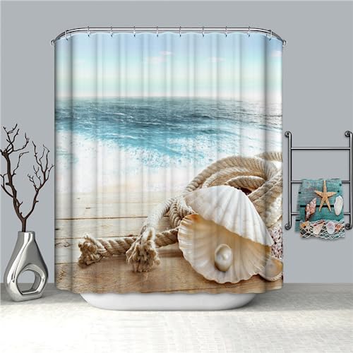 PLEETS Duschvorhang 180x200 cm Muschel-Perlen Duschvorhang Anti Schimmel Digitaldruck Polyester Wasserdichter Duschvorhänge mit 12 Haken, Waschbar Badvorhänge von NEZIH