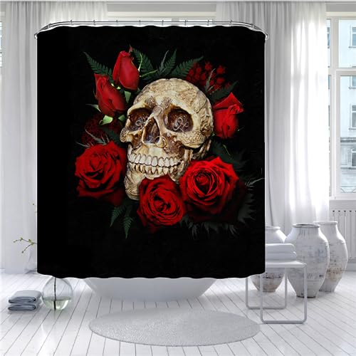 PLEETS Duschvorhang 180x200 cm Totenkopf & Rose Duschvorhang Anti Schimmel Digitaldruck Polyester Wasserdichter Duschvorhänge mit 12 Haken, Waschbar Badvorhänge von PLEETS