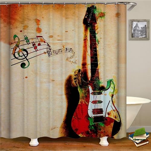 PLEETS Duschvorhang 180x200 cm Vintage-Gitarre Duschvorhang Anti Schimmel Digitaldruck Polyester Wasserdichter Duschvorhänge mit 12 Haken, Waschbar Badvorhänge von PLEETS