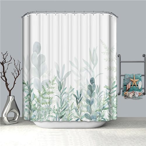 PLEETS Duschvorhang 180x200 cm Weiße & botanische Blätter Duschvorhang Anti Schimmel Digitaldruck Polyester Wasserdichter Duschvorhänge mit 12 Haken, Waschbar Badvorhänge von PLEETS