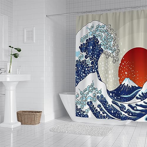 PLEETS Duschvorhang 180x200 cm Wellen im japanischen Stil Duschvorhang Anti Schimmel Digitaldruck Polyester Wasserdichter Duschvorhänge mit 12 Haken, Waschbar Badvorhänge von PLEETS