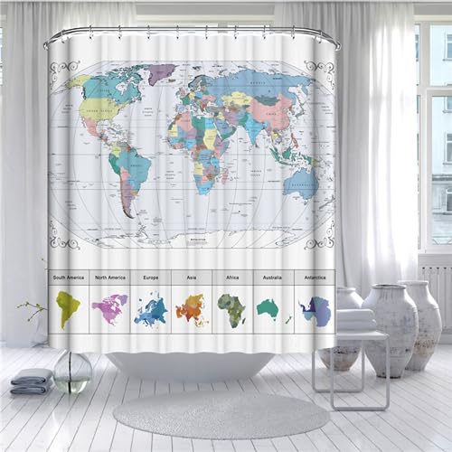 PLEETS Duschvorhang 180x200 cm Weltkarte Duschvorhang Anti Schimmel Digitaldruck Polyester Wasserdichter Duschvorhänge mit 12 Haken, Waschbar Badvorhänge von PLEETS