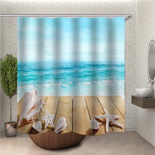 PLEETS Duschvorhang 180x220 cm Hölzerne Brücke am Meer Shower Curtain Polyestergewebe, Wasserdicht, Badezimmervorhänge, Duschvorhänge, Schimmelresistent, Bad Vorhang von PLEETS