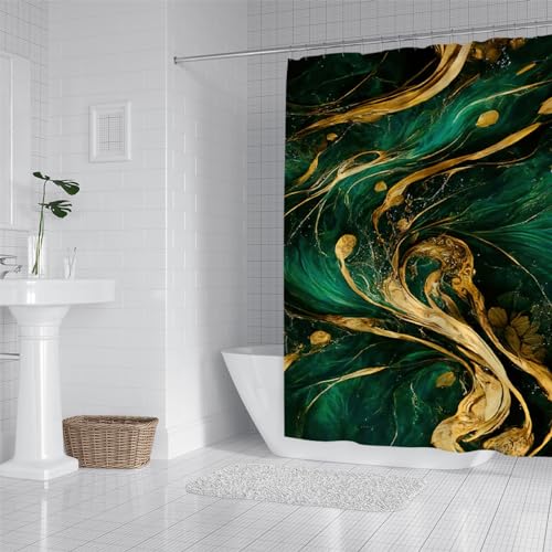 PLEETS Duschvorhang 180x220 cm Marmor- und grünes Muster Shower Curtain Polyestergewebe, Wasserdicht, Badezimmervorhänge, Duschvorhänge, Schimmelresistent, Bad Vorhang von PLEETS