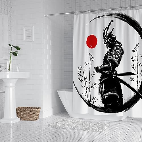 PLEETS Duschvorhang 180x220 cm Schwarz-Weiß-Samurai Shower Curtain Polyestergewebe, Wasserdicht, Badezimmervorhänge, Duschvorhänge, Schimmelresistent, Bad Vorhang von PLEETS