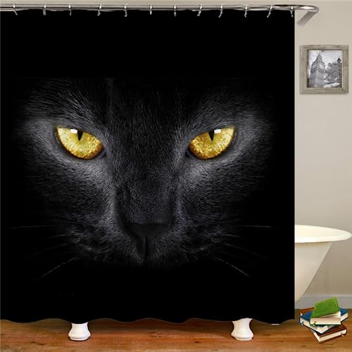 PLEETS Duschvorhang 180x220 cm Schwarze Katze Shower Curtain Polyestergewebe, Wasserdicht, Badezimmervorhänge, Duschvorhänge, Schimmelresistent, Bad Vorhang von PLEETS