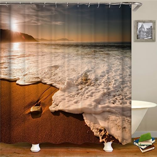 PLEETS Duschvorhang 180x220 cm Strand Wellen Shower Curtain Polyestergewebe, Wasserdicht, Badezimmervorhänge, Duschvorhänge, Schimmelresistent, Bad Vorhang von PLEETS