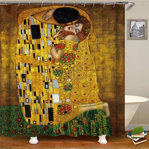 PLEETS Duschvorhang Klimt's Kuss Duschvorhänge 180x180cm Badewanne-Vorhang Anti-Schimmel Wasserabweisende Shower Curtains mit Ringen Waschbare Badezimmer-Vorhänge von PLEETS