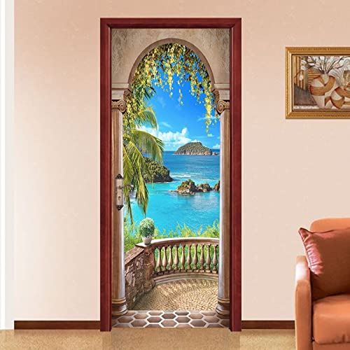 PLEETS Türposter Selbstklebend Tür Aufkleber Wandbilder Balkon Meerblick PVC Wasserdicht Türaufkleber Türtattoo Wohnzimmer Schlafzimmer Home Wanddekorationen Tapete 95 x 215cm von PLEETS