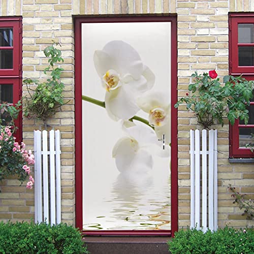 PLEETS Türtapete selbstklebend TürPoster weiße Orchidee Türaufkleber 77 x 200cm Türfolie Poster Fototapete Tapete Aufkleber DIY Wandbild PVC Wasserdichte Tapete von PLEETS