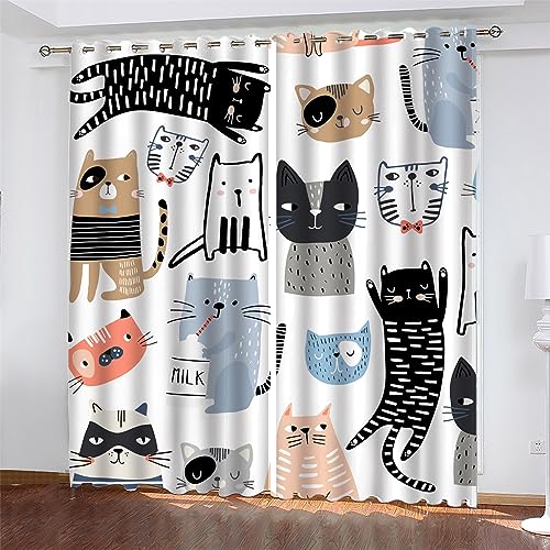 PLEETS Verdunklungsvorhänge abstrakte Cartoon-Katze Gardinen 2er Set Kinder Vorhang Blickdicht Schal, Gardine Blickdichte mit Ösen, 3D Printing Verdunkelungsvorhang B75 x H166 cm von PLEETS
