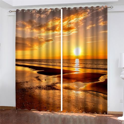 PLEETS Vorhang Ozean-Sonnenuntergang-Landschaft Gardinen mit ösen Verdunkelungsvorhang 2er Set für Schlafzimmer Kinderzimmer Wohnzimmer Dekoration B117 x H138 cm von PLEETS