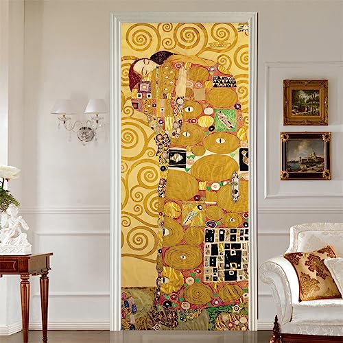 Türposter Selbstklebend Tür Aufkleber Wandbilder Klimt's Kuss PVC Wasserdicht Türaufkleber Türtattoo Wohnzimmer Schlafzimmer Home Wanddekorationen Tapete 95 x 215cm von PLEETS