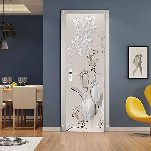 PLEETS Türtapete Selbstklebend Tulpe Weißer Blumenschmetterling 77 x 200 cm 3D Türtapete Wasserdicht Abnehmbare Türaufkleber Pvc Türposter Selbstklebend Wohnzimmer Tür Aufkleber von PLEETS