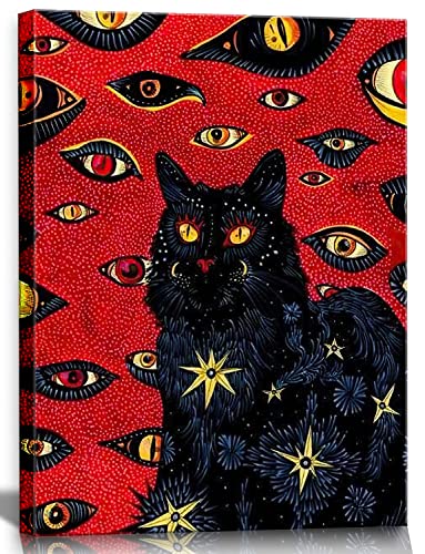 Poster mit schwarzer Katze, Cohen, Hippie, psychedelisch, Retro, lustig, coole Augen, schwarz und rot, Wandkunst, mystischer Tierdruck, Kunst, Stimmung, Raumdekoration, Katzenliebhaber, cool, hängend, von PLFKLI