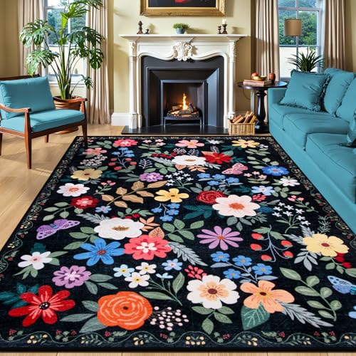 Teppich für Wohnzimmer, 25,4 x 30,5 cm, Blumenmuster, waschbar, Vintage, groß, weich, Boho, rutschfest, schmutzabweisend, Niederflor-Teppiche für Schlafzimmer, Esszimmer, Bauernhaus, Kinderzimmer von PLHXFR